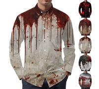 2025 Halloween Shirt Men's Bloody Long Sleeve Costume Funny Print T-Shirt Button Down Shirt with Blood Pockets Collar Scary Fun T-Shirt for Horror Party Festival, black, XXL