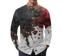 2025 Halloween Shirt Men's Bloody Long Sleeve Costume Funny Print T-Shirt Button Down Shirt with Blood Pockets Collar Scary Fun T-Shirt for Horror Party Activewear Coat, White, L