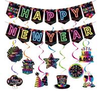 2025 Happy New Year Neon Ceiling Decoration - Colorful Fireworks Theme Banner with Swirl Streamer