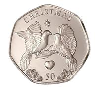 2025 Isle of Man Christmas Two Turtle Doves Fifty Pence 50p UNC Coin in Heptagon Acrilyc Coin Capsule
