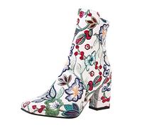 2025 Ladies Autumn and Winter Fashion Elegnt Embroidered Printing Retro Thick Heel Round Toe Zipper ComfortableNot to Wear Feet in The Boots Dress Cowboy Boot (White, 6)