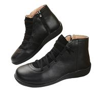 2025 Ladies Casual Solid Color Zipper Strap Splicing Large Size Soft Leather Western Ankle Boots Short Boots Metallic for Women (Black, 4.5)