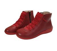 2025 Ladies Casual Solid Color Zipper Strap Splicing Large Size Soft Leather Western Ankle Boots Short Boots Metallic for Women (Red, 5.5)