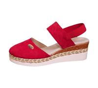 2025 Ladies Casual Solid Colour Flock Close Toe Woven Bottom Thick Bottom Slope Heel Large Size Sandals Slippers Memory Foam Slides Women (Red, 4.5)