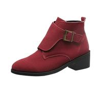2025 Ladies Fashion British Canvas Belt Buckle Pointed Thick Heel Short Ankle Boots Chunky Heel Boots Platform (Red, 4.5)