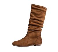 2025 Ladies Fashion Solid Color Suede Pleated Pile Boots British Style Flat Bottom Medium Boots Narrow Calf Leather (Brown, 6)