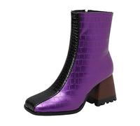 2025 Ladies Leather Square Toe High Chunky Heel Colour Blocking Medium Large Size Boots Ankle Boots Short Talk You Later (Purple, 5.5)
