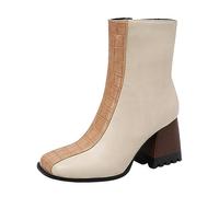 2025 Ladies Leather Square Toe High Chunky Heel Colour Blocking Medium Large Size Boots Ankle Boots Short Talk You Later (White, 6.5)