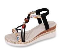 2025 Ladies Weave Round Toe Elastic Band Summer Slope Heel Thick Soled Wedges Sandals Womens Born Sandals Size 8 (Black, 7)