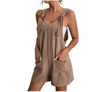 2025 Linen Dungarees for Women UK Summer Casual Sleeveless Rompers Loose Adjustable Strappy Short Overalls Jumpsuits Next Clothing for Women Khaki