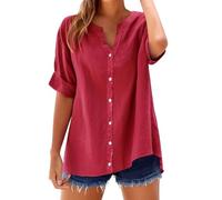 2025 Linen Tops for Women Summer Work Tops Trendy Button Down Plus Size V Neck Boho Clothes Spring Tops(Watermelon Red, XXXXXL)