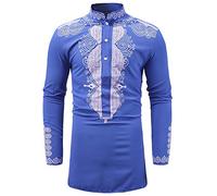 2025 Men Ethnic Style Dashiki African Printed Long Sleeve Shirt Tops Shiny Metallic Pattern Printed Party Shirt Stand Collar Shirt Ethnic Style Button Down Shirt Casual Top Blue
