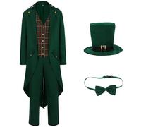 2025 Men's Steampunk Tuxedo Gothic Tailcoat Including Hat Bow Tie Trousers, Fashion Green Coat Medieval Frock Coat Victorian Court Suit Elegant Jacket Theatre Performance Clothing Halloween Costume