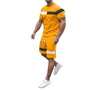 2025 Men's Summer Spring Summer Striped Squares Tracksuit 2-Piece Outfits Short Sleeve T-Shirts Shorts Jogging Sets Sporty Sports Suit Sweatsuits Sportswear Designer Vest Men, yellow, M