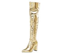 2025 Metallic Over The Knee High Boots Pointed Toe Thick Heels Short Inner Layer High Gathering Fashionable Dress Zipper Boots Over The Knee for Women in (Gold, 5)