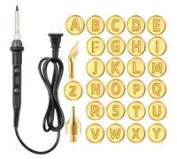 2025 New 26 Letters Copper Mold DIY Wood Burning Carving Set, DIY Wood Burning Leather Burning Kit, Wood Burning Kit with Stamps - Adjustable Temperature Soldering Iron + 28pcs Alphabet Stamps Set