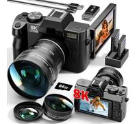 2025 New 8K&64MP Digital Cameras for Photography&Video, Vlogging Camera for YouTube, Compact Camera with 64GB TF Card, WiFi,and Wide-Angle & Macro Len, AUTOFOCUS, 3-inch Flip Screen，2 Batteries（Black）