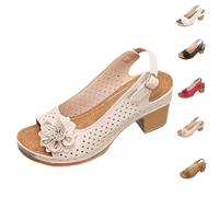 2025 New Buckled Square Heel Sandals for Women, Slingback Peep Toe Chunky Wedge Heels, Summer Dressy Shoes (Beige,39)