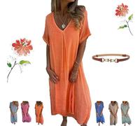 2025 New Cotton and Linen V-Neck Midi Dress, Frontaley A Line Linen Batwing Sleeves Long Dress Solid Color for Spring Summer (UK, Alpha, 3XL, Regular, Regular, Orange)