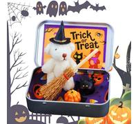 2025 New Halloween Bear in a Box with Wizard Hat, Blanket, Broom, Pumpkin & Cat, Little Bear in a Box with Hat, Handmade Plush Pocket Bears in Box Kit Gift (White)