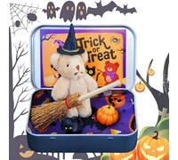 2025 New Halloween Bear in a Box with Wizard Hat, Blanket, Broom, Pumpkin & Cat, Little Bear in a Box with Hat, Handmade Plush Pocket Bears in Box Kit Gift (Khaki)