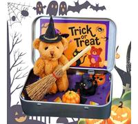 2025 New Halloween Bear in a Box with Wizard Hat, Blanket, Broom, Pumpkin & Cat, Little Bear in a Box with Hat, Handmade Plush Pocket Bears in Box Kit Gift (Brown)
