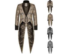 2025 New Men Medieval Tailcoat UK Gothic Frock Coat Jacquard Tuxedo Jacket Long Sleeve Blazer Stand Collar Coats Steampunk Vintage Jackets Victorian Renaissance Uniform Halloween Cosplay Costume