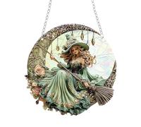 2025 New Moon Witch Suncatcher, Acrylic Wall Art, Green Crescent Moon Hanging Ornament, Window Garden Decor (B)