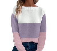 2025 New Pullover Sweater for Women Girl Autumn New Knitted Contrasting Panel Crewneck Long Sleeve Pullover Women's Sweater Women's Sweatshirts (Purple, L)