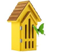 2025 New Shingle Roof Butterfly House for Outdoor, Cedar Wood Bee House for Garden Outside, Open Door for Easy Cleaning Conservation, Longtime Color Deco.Shelter Hotel with Hooks for Hanging (Yellow)