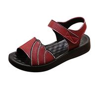 2025 New Summer Outwear Middle Flat Bottom Hook Loop Elderly Soft Sole Anti Slip Slippers Fancy Sandals for Women Heels (Red, 6.5)