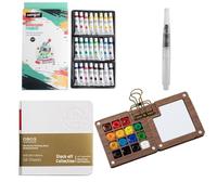 2025 New Upgraded Watercolour Paint Set, Travel Portable Water Colour Paints Sets with Brush, Palette and Sketchbook, DIY Mini Watercolour Kit for Free Spirit and Artists (Walnut-15Grids)
