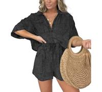 2025 New Washed Denim Tencel Set, Women's Casual Comfortable Top Lace-Up Shorts Set, Women's Oversized Top Denim (Black,M)