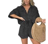 2025 New Washed Denim Tencel Set,Women's Casual Washed Denim Tencel Set, Oversized Top Drawstring Shorts with Pockets (Black,M)