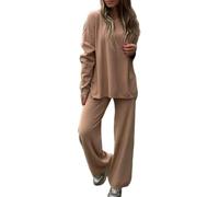 2025 New Women'S 2 Piece Lounge Sets, Casual Long Sleeve Sweatsuits, Solid Color Slit Round Neck Long Sleeves, Wide Leg Pants (Camel,XL)