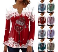 2025 New Womens Christmas Sweatshirts Clearance Ladies Xmas Pullover Jumper Sparkly Wine Glass Shirts Snowflakes Buttons Blouse V Neck Long Sleeve Tops Flowy Henley Tshirt Casual Dressy Blouses
