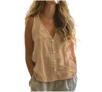 2025 New Womens Linen Tank Tops UK Clearance, Ladies Cotton-Linen Vest Top Solid Plain Sleeveless Tshirts Pearl Button V-Neck Blouses Summer Beach Holiday Tanks Loose Fit Basic Tee Shirt Khaki