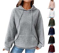 2025 New Womens Waffle Jumpers UK Clearance Ladies Plain Casual Sweatshirt Oversized Hooded Pullover Drawstring Sweater Long Sleeve Jumper Dressy Casual Sweatshirts with Pockets Comfy Loose Blouse