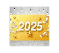 2025 New Year Party Background Cloth - Durable polyester fiber banner with white and gold numbers on a yellow background, 210X150cm