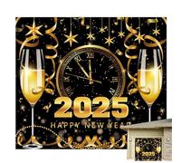 2025 New Year Wall Backdrop, New Year Photo Background | Wine Glass Clock New Year Background | Photo Booth Props, 2025 Photography Backgrounds, Black Gold Background, Home Decoration