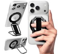 (2025 Newest) 4-in-1 Magnetic Phone Grip Stand for MagSafe with Finger Strap Loop, Removable Ring Holder for iPhone 17 16 Pro Max 15 14 13 12, Kickstand for Hands-Free View at Home Work Plane - Black