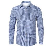 2025 Oktoberfest Men's Gingham Regular Fit Button Down Long Sleeve Checked Shirts Extra Long Sleeves (Blue, S)