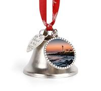 2025 Portland River Lighthouse Sunrise Christmas Bell Ornaments Silver Jingle Bells with Red Hanging Rope Vintage Decorative Bells for Xmas Tree Fireplace Mantle Home Decor Holiday Festive Party