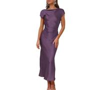 2025 Satin Cap Sleeve Cowl Back Summer Dresses for Women Elegant Ruched Waist Wedding Guest Midi Dress, Grape, M