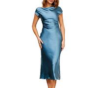 2025 Satin Cap Sleeve Cowl Back Summer Dresses for Women Elegant Ruched Waist Wedding Guest Midi Dress, Aqua, M