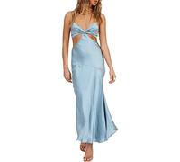 2025 Satin Cut Out Maxi Summer Dresses for Women Silk Spaghetti Strap V-Neck Backless Tie Back Wedding Guest Midi Dress, Blue, M