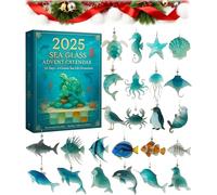 2025 Sea Glass Marine Life Advent Calendar, 24 Unique Ocean Themed Handcrafted Ornaments with Seahorse Starfish Dolphin, Coastal Christmas Countdown Gift for Ocean Lovers and Collectors (Blue)