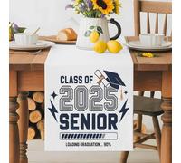 2025 Senior Table Runner 13x48 Inches Long Graduation Season Navy Hat Celebration Cotton Linen Table Runner Burlap Style for Dinner Table Party Decor Tabletop Decorations