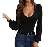 2025 Sexy Women's Top - T Shirt Women V-Neck Long Lantern Sleeve Solid Color Casual Chic Elegant Slim Comfortable Soft Fit Classic Everyday Top Going Out Tunic