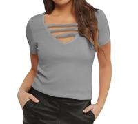 2025 Short Sleeve T-Shirts Women V-Neck Top Women Summer Hollow Solid Color Casual Chic Elegant Comfortable Soft Everyday Casual Slim Top Classic Simple